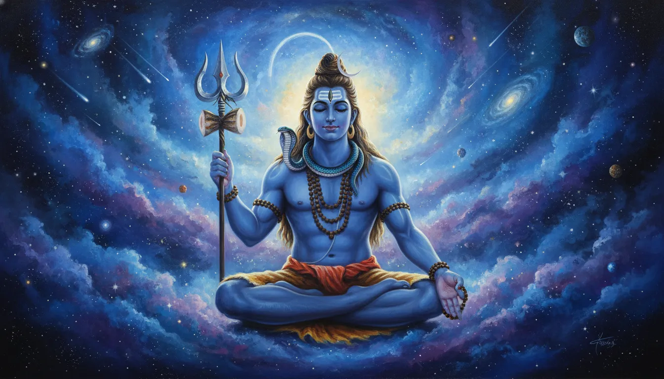 Lord Shiva meditating in a dark dramatic setting with trident and spiritual light.