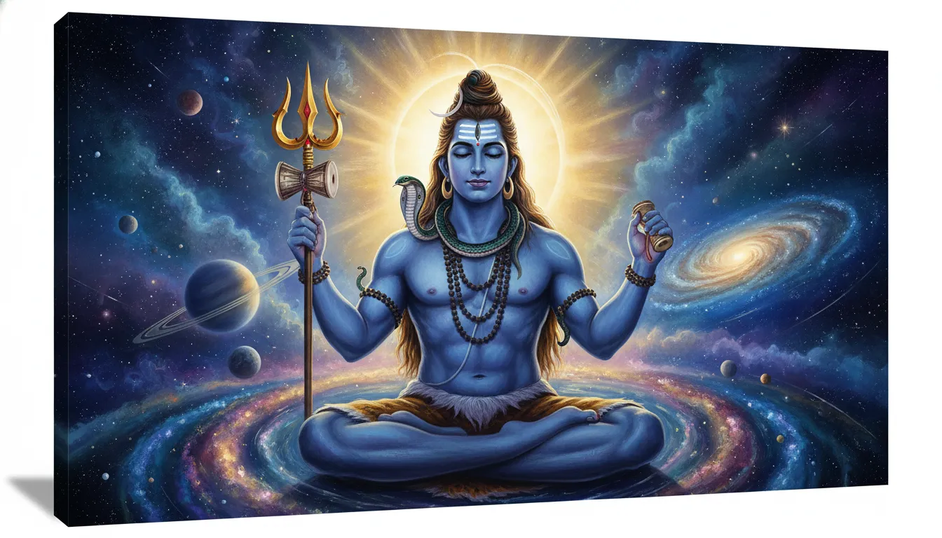 Powerful depiction of Lord Shiva holding a trident with a glowing cosmic background and celestial elements.