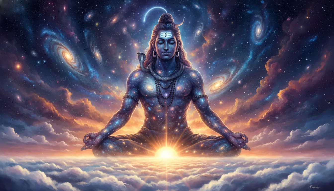 Lord Shiva sitting in Padmasana with a massive bright full moon behind him.