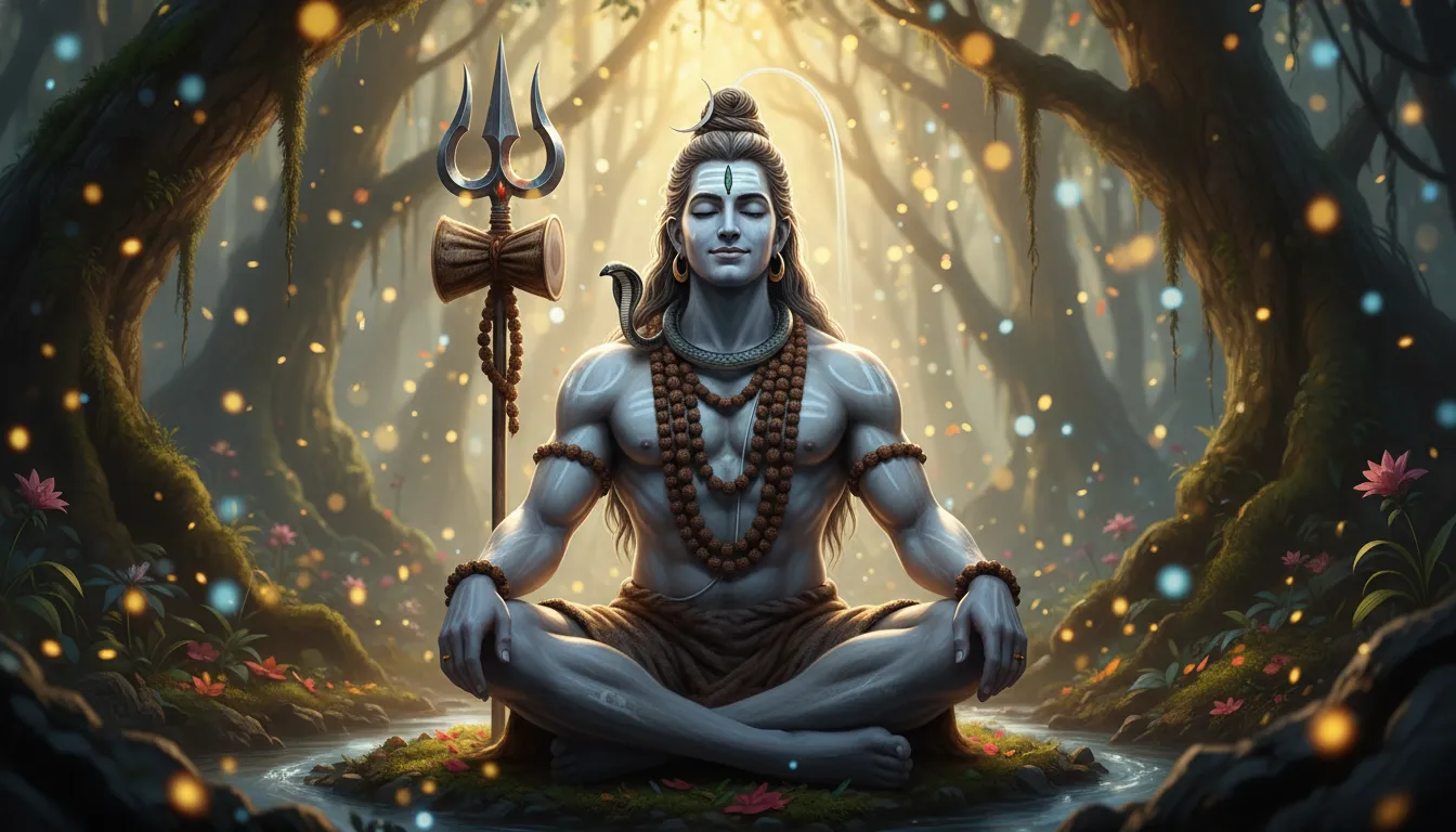 Lord Shiva sitting in Padmasana with a massive bright full moon behind him