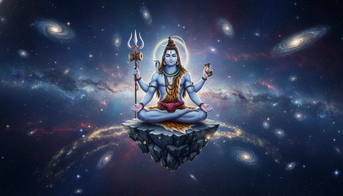 Artistic depiction of Lord Shiva meditating in space with multiple arms and glowing galaxies in the background.