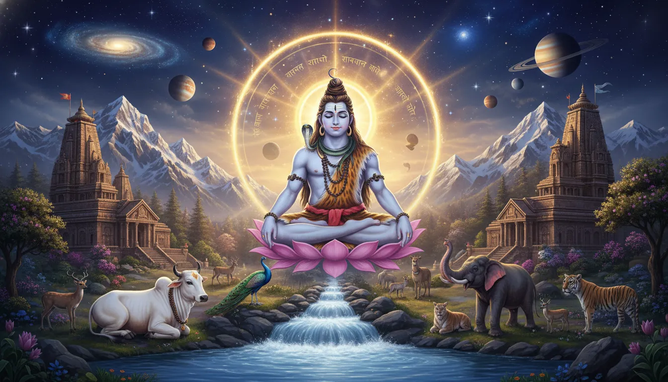 Lord Shiva meditating in a glowing celestial landscape with planets, mountains, animals, clouds, and flowing water.