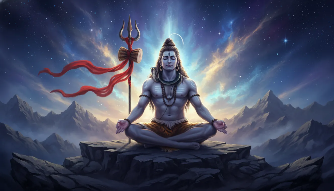 Lord Shiva meditating in a cosmic mountain scene with a trident beside him.