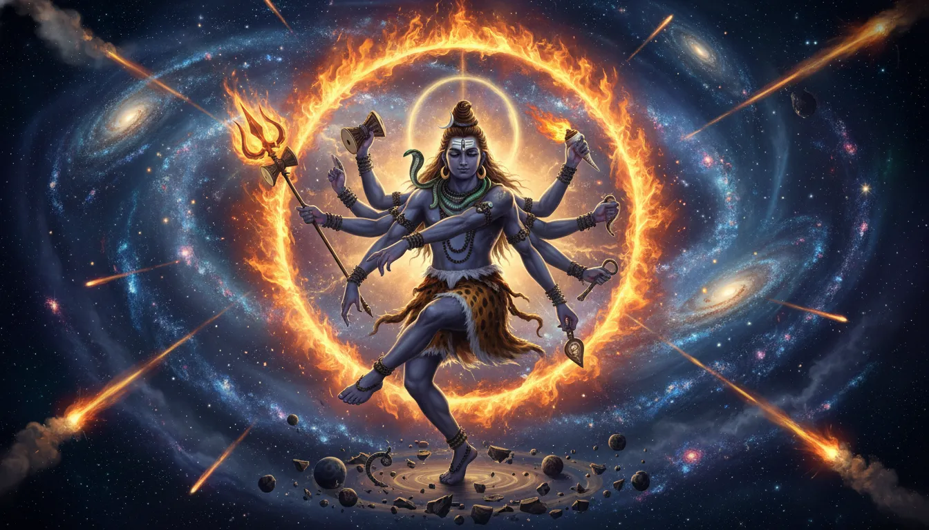 Multi-armed Lord Shiva in cosmic form surrounded by galaxies and fire.