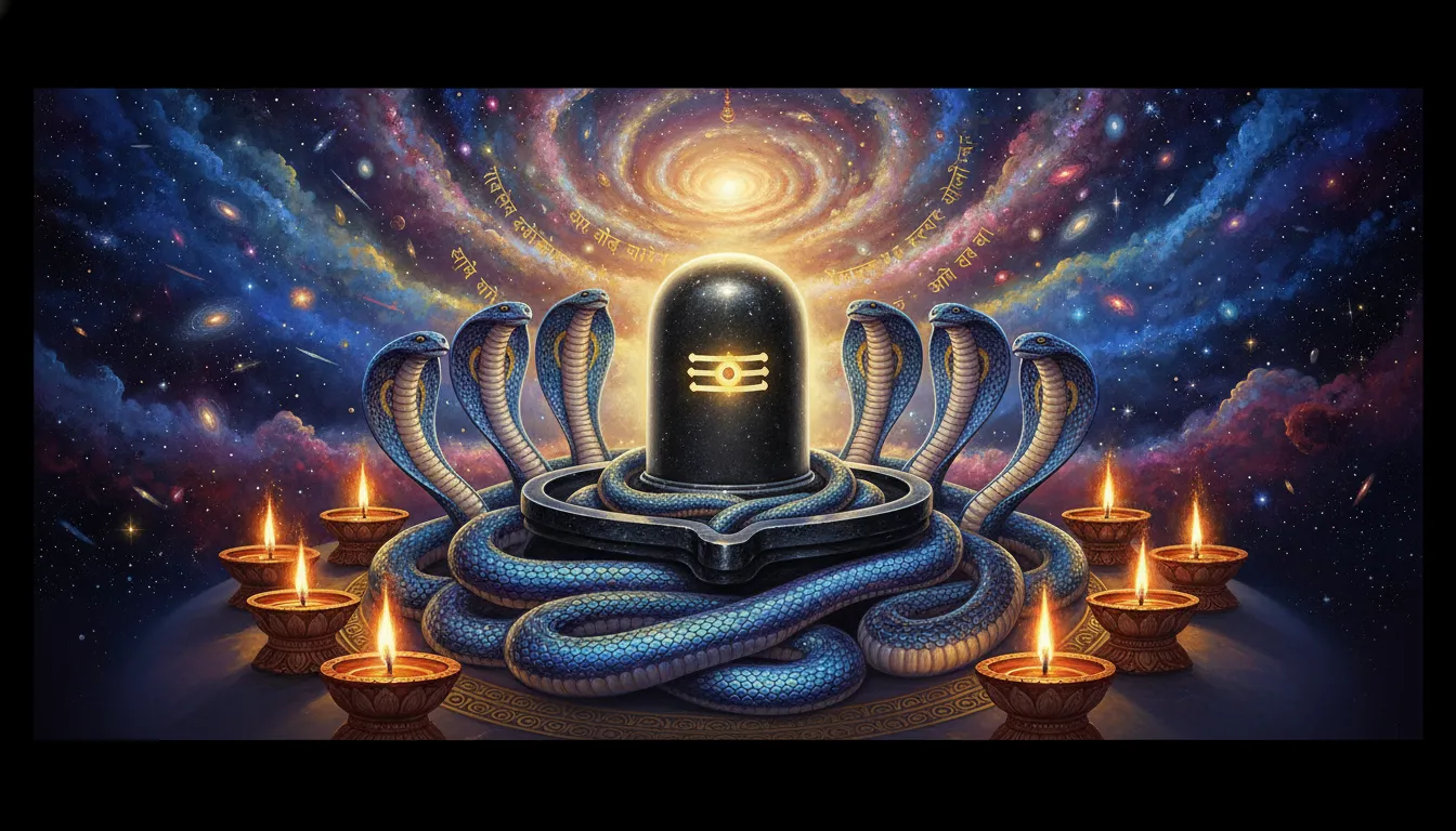 Shiva Lingam surrounded by glowing serpents and spiritual lamps in a cosmic setting.