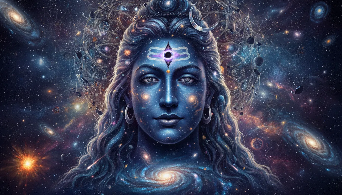 Lord Shiva walking on rocky ground with a golden trident, snake necklace, orange drape, and blue mountain background.