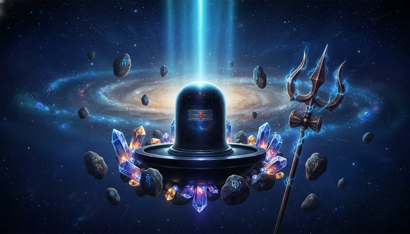 A glowing Shiva lingam placed on a raised platform under a bright blue beam of light in a cosmic star-filled scene.