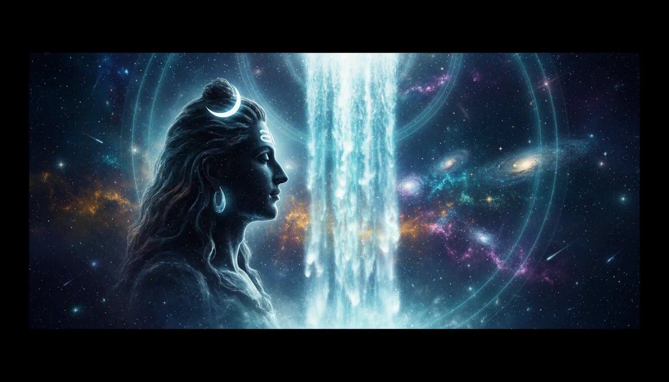 Artistic silhouette of Lord Shiva blended with a glowing waterfall and celestial night sky.