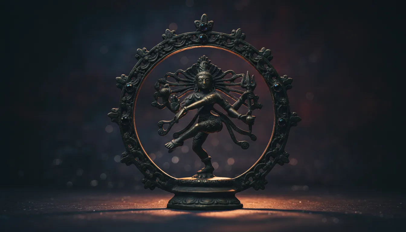 A small dark metal dancing deity statue shown in dim lighting with a circular decorative frame.