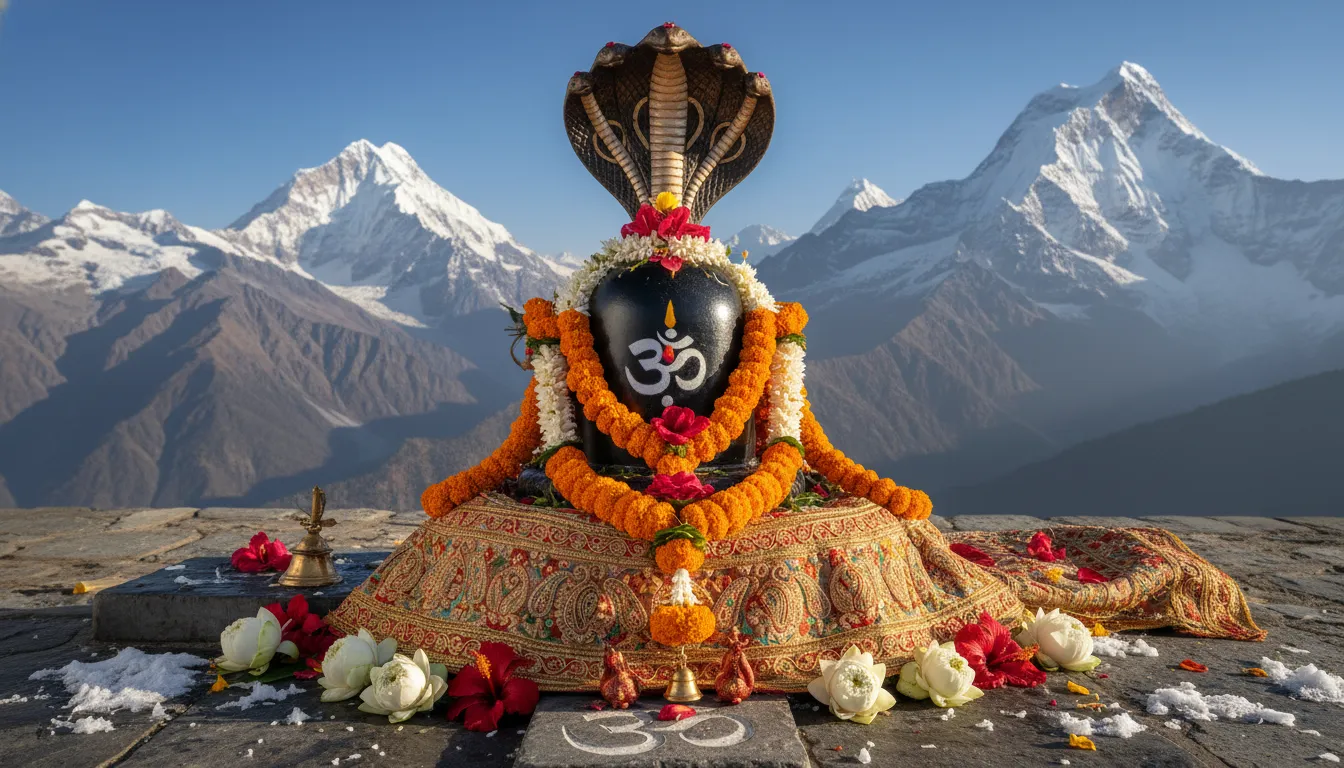 A beautifully decorated Shiva Lingam placed before snow-covered mountains, wrapped with floral garlands and a blue serpent.