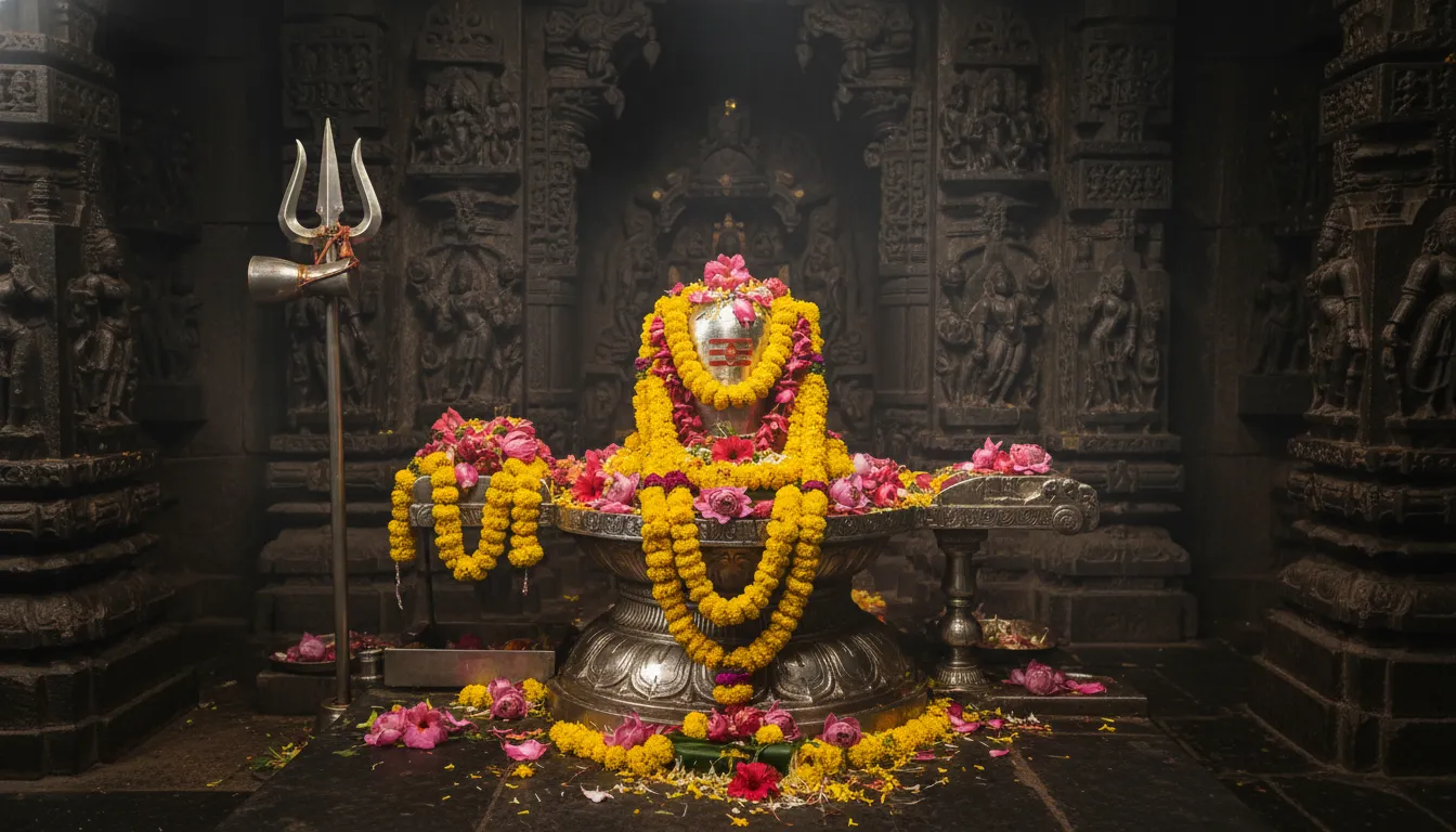 Shiva Lingam decorated with yellow and pink flowers inside a dark temple setting