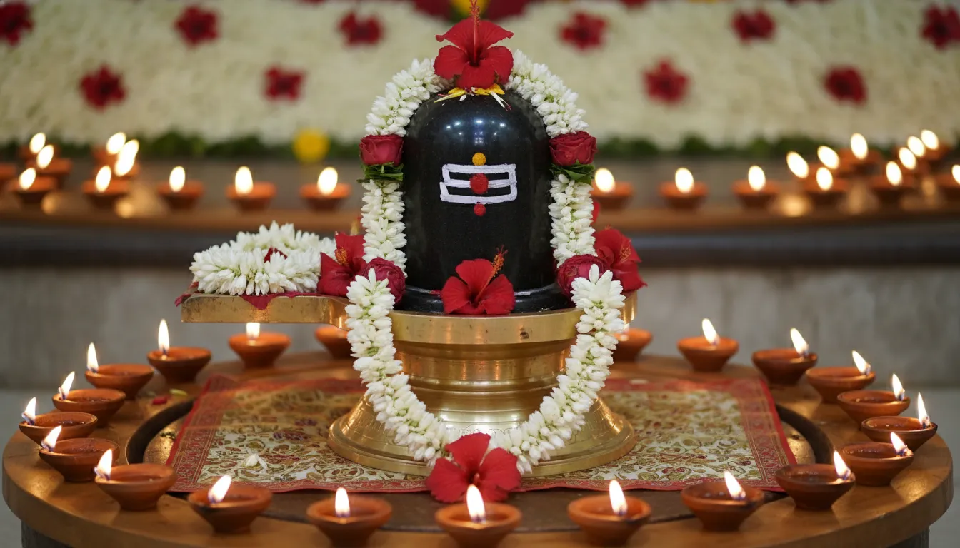 Shiva Lingam decorated with white jasmine flowers and surrounded by glowing oil lamps.
