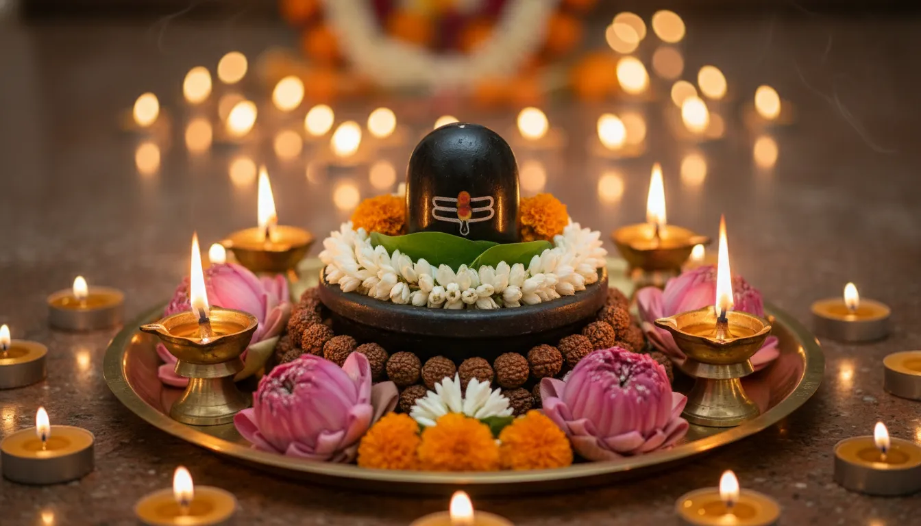 A black Shivling decorated with lotus flowers, white garlands, rudraksha beads, and glowing oil lamps.
