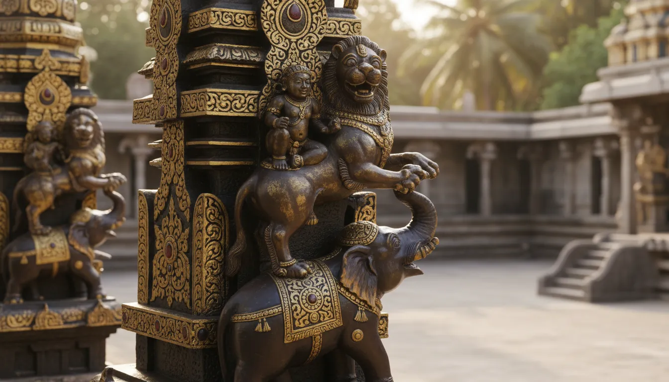 An ornate temple pillar shows a child-like figure climbing beside a lion-like creature and an elephant in a traditional carved style.