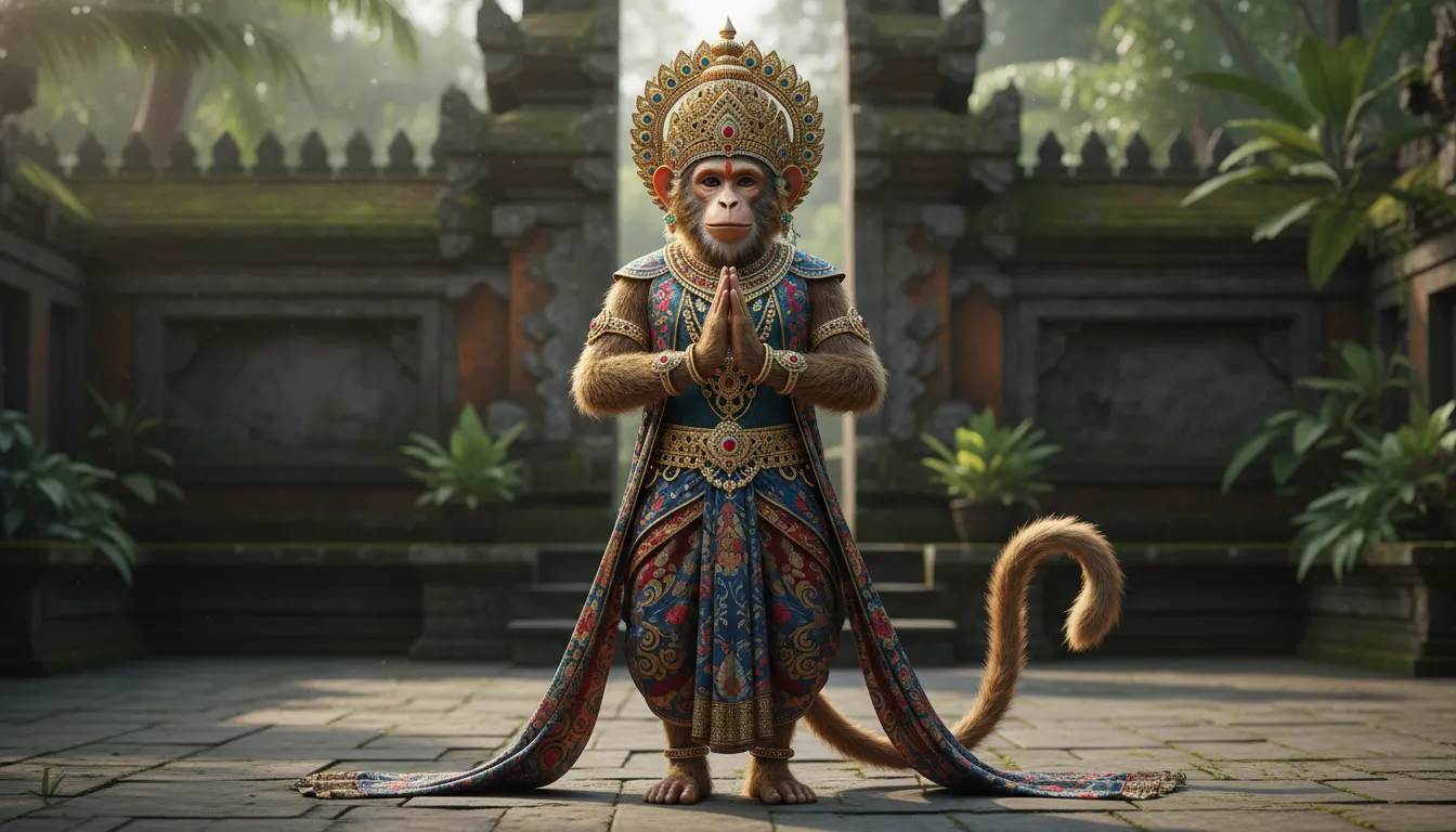 A monkey-faced divine figure standing with folded hands on a stone pedestal.