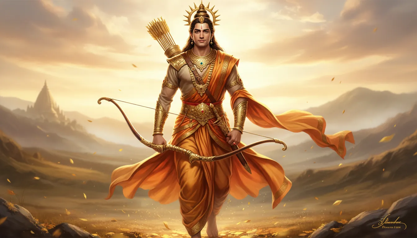A divine archer walks forward holding a bow, dressed in orange robes and gold ornaments.