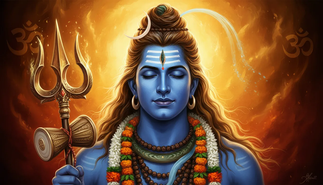 Vibrant digital painting of Lord Shiva holding a trident with glowing blue skin and warm spiritual lighting.