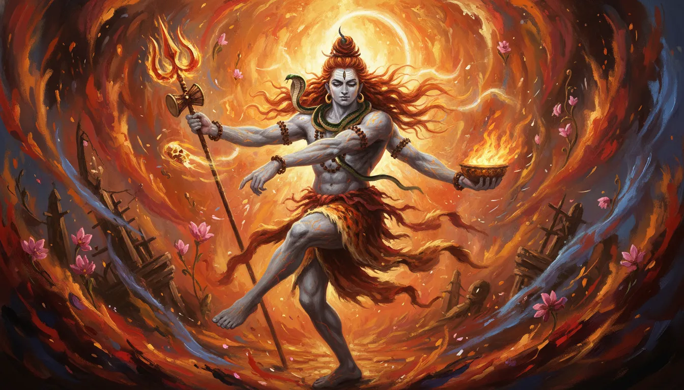 Lord Shiva performing a powerful cosmic dance surrounded by blazing flames