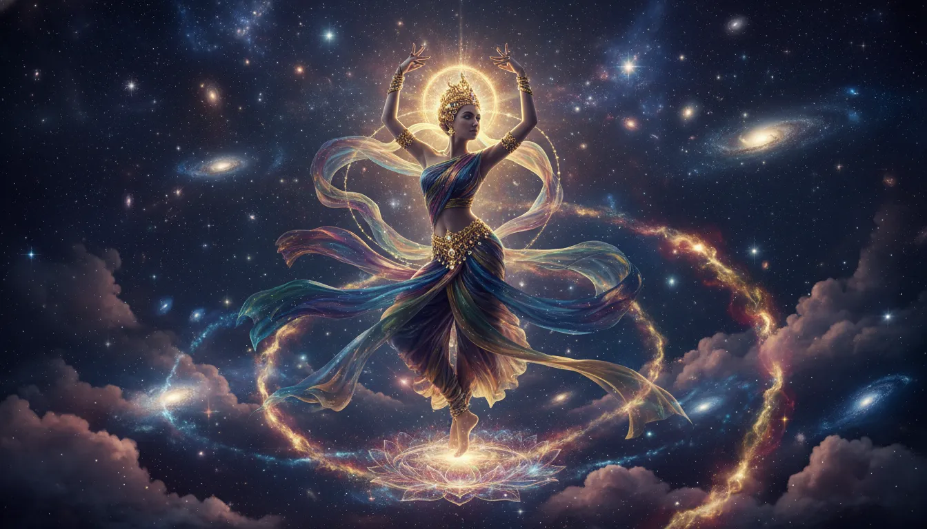 A graceful divine figure dancing in space with stars, glowing clouds, and celestial energy.