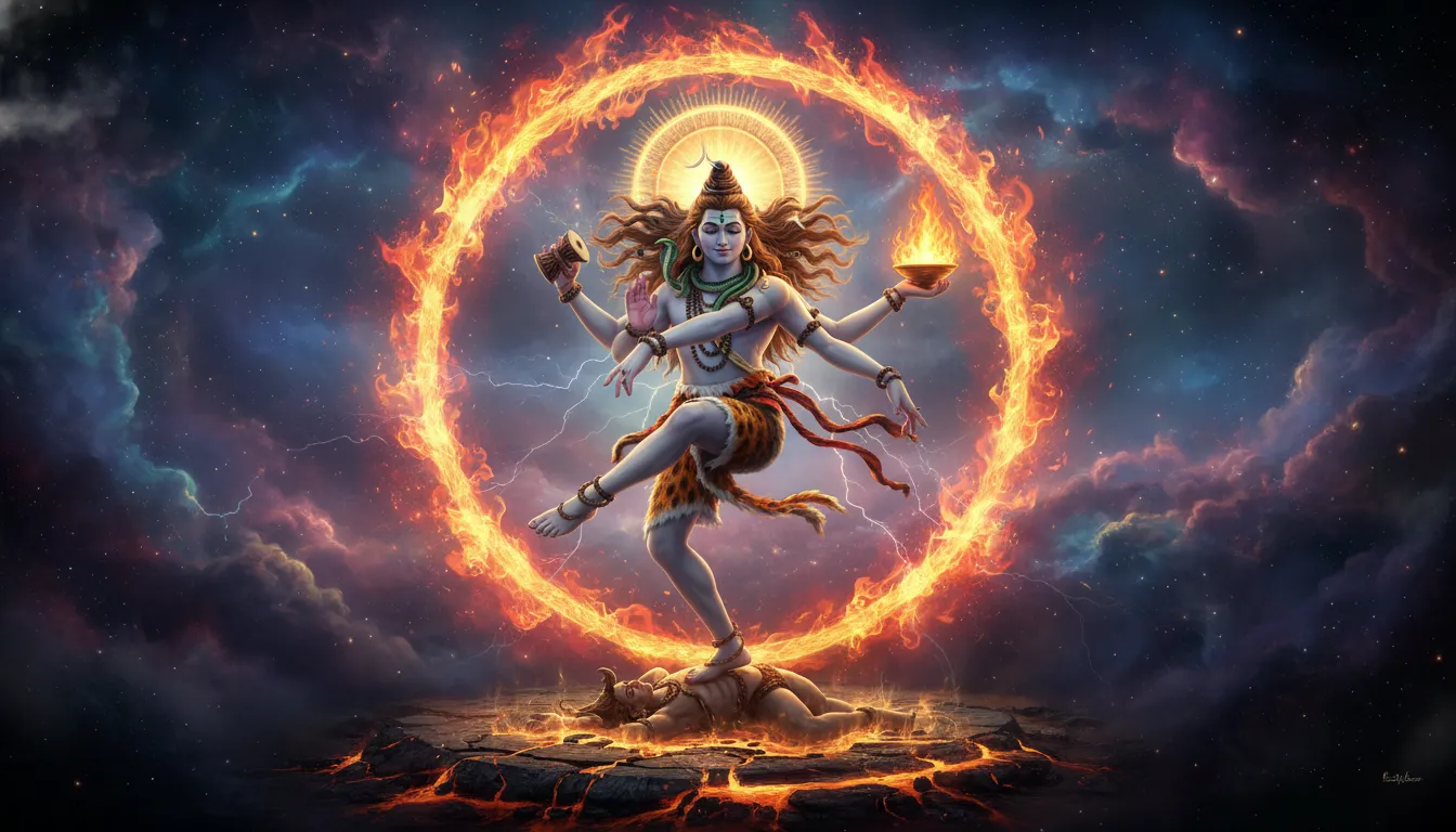 Lord Shiva dances in a fiery cosmic scene, holding a drum and flame with a glowing halo behind him.