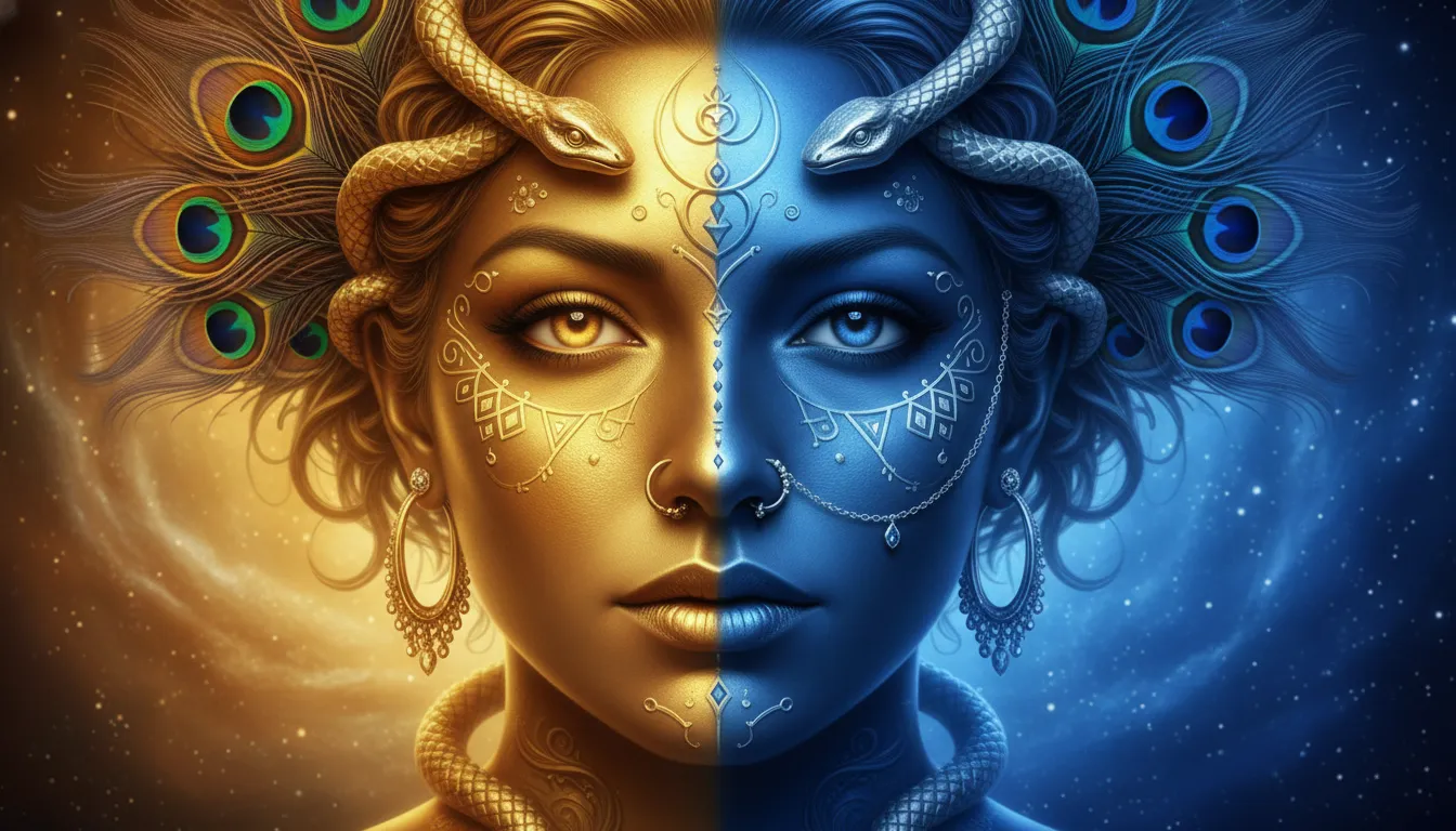 A split-face devotional artwork showing golden and blue divine forms with peacock feathers and sacred ornaments.