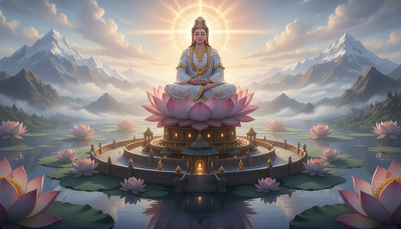 A multi-armed divine figure seated on lotus layers above a golden circular temple floating on water.