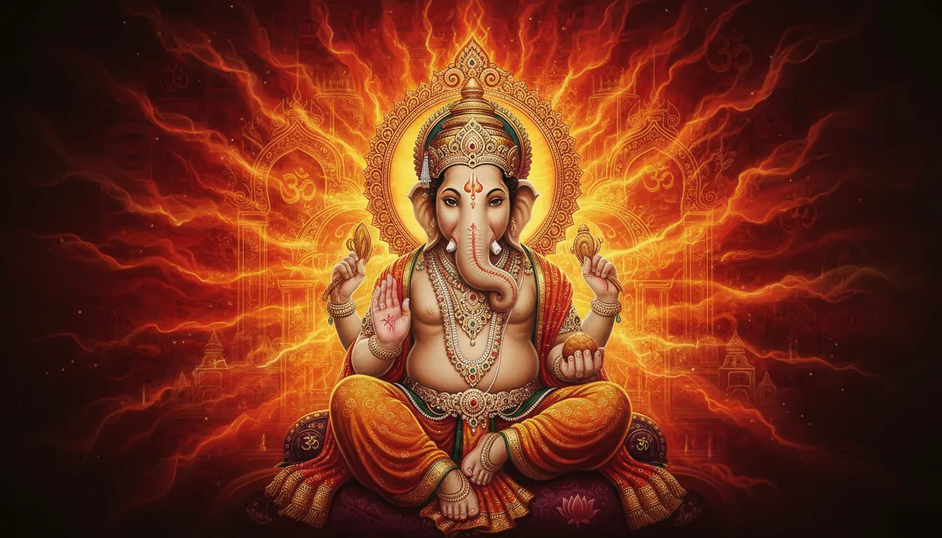 Lord Ganesha seated in a glowing red spiritual background with sacred decorative elements.