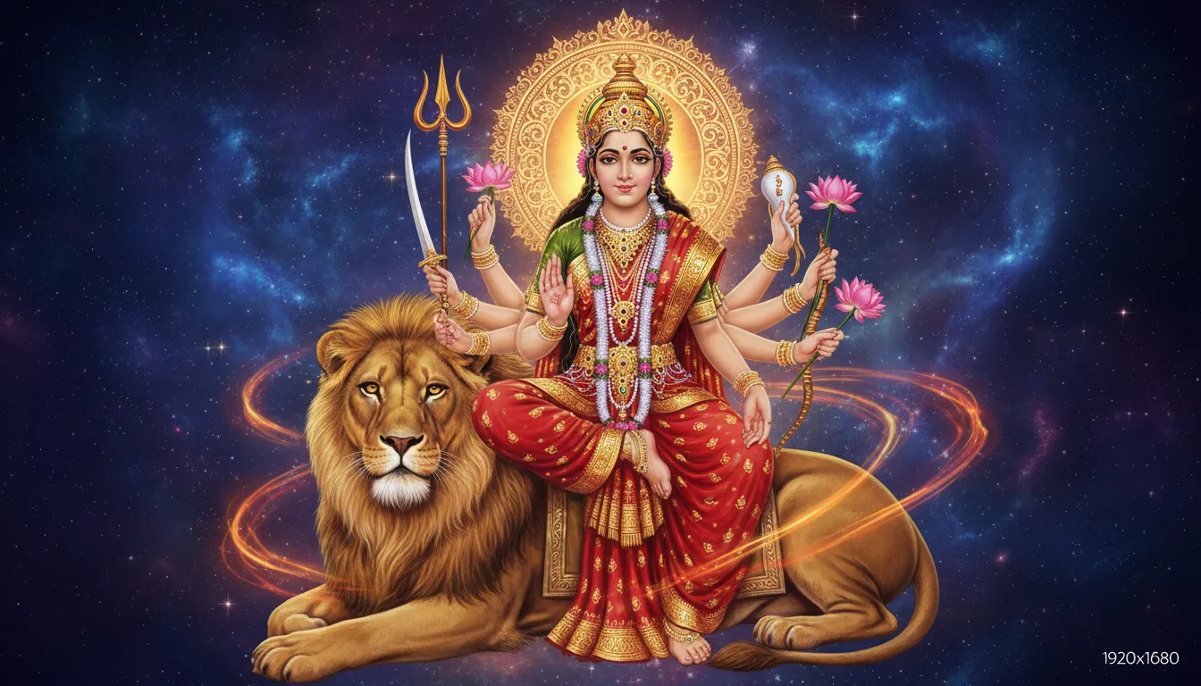A multi-armed Hindu goddess seated on a lion, holding sacred weapons and lotus flowers with a glowing golden halo behind her.