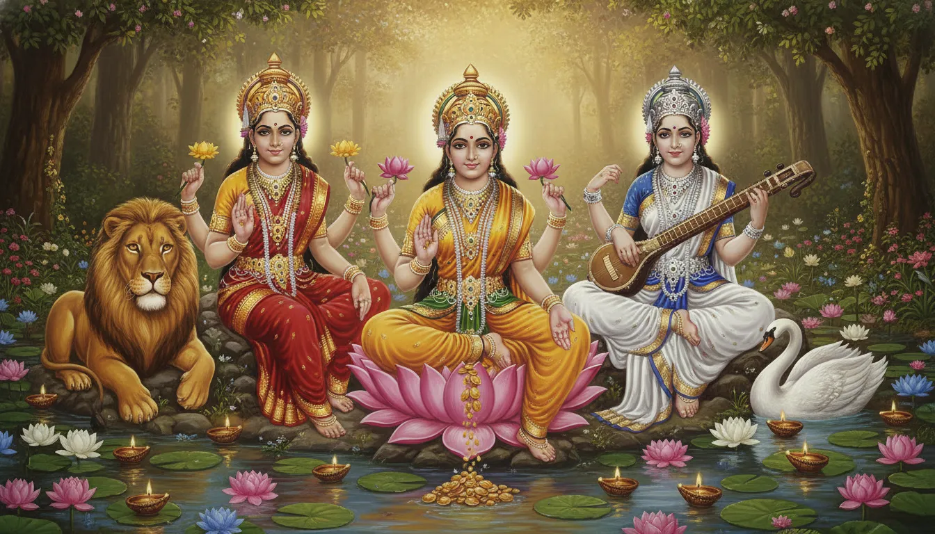 Illustration of three Hindu goddesses seated near lotus flowers with a lion and swan in a serene natural setting.
