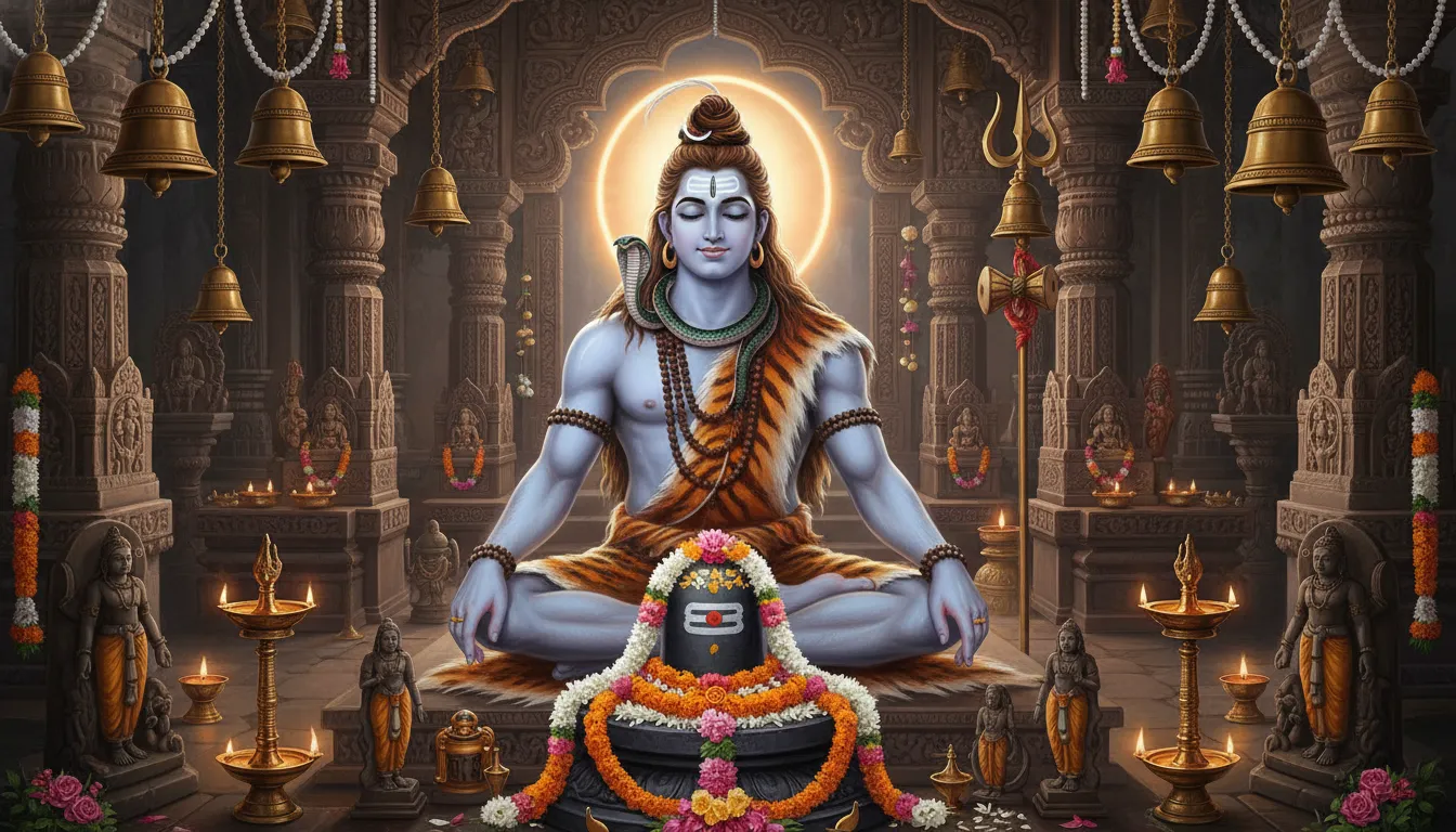 Lord Shiva seated in meditation with Shiva Lingam, snake around neck, and temple decorations.