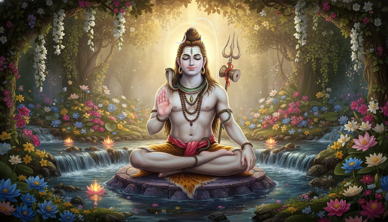 Lord Shiva seated peacefully in a glowing garden beside flowing water and flowers.