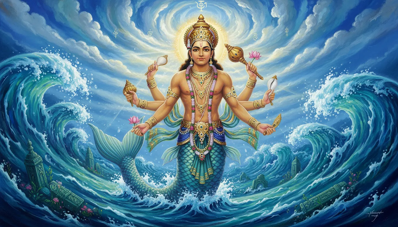 Matsya avatar of Vishnu emerging from ocean waves with divine ornaments and glowing aura.