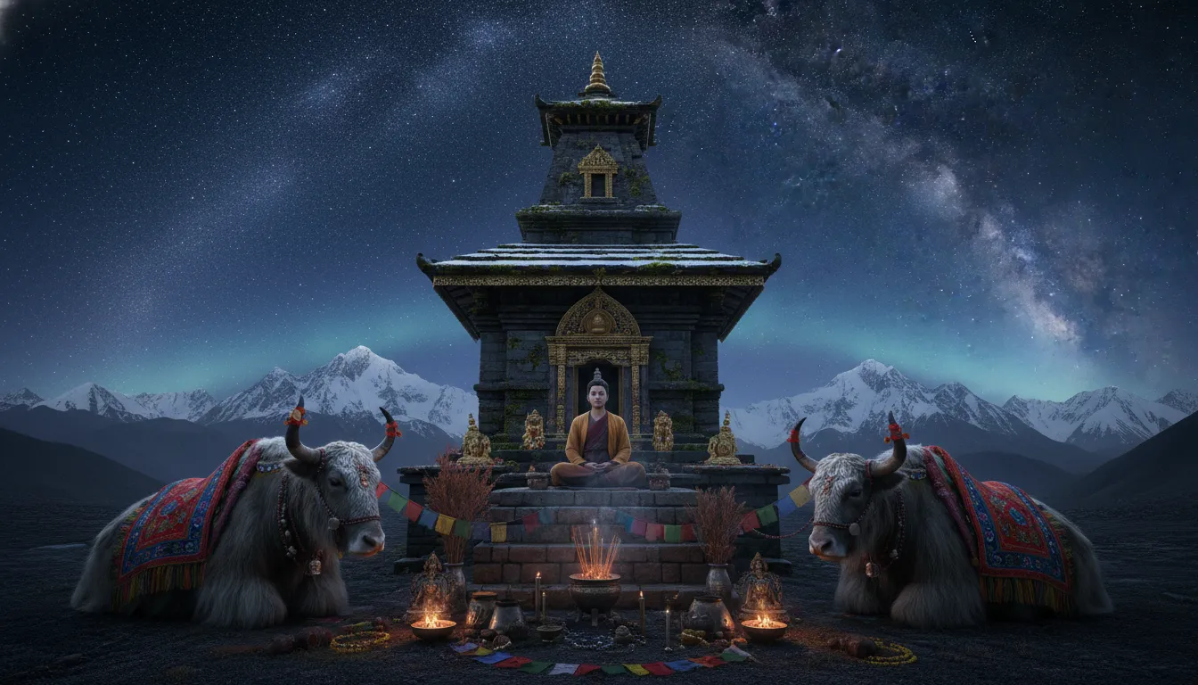 Meditating deity seated before a sacred object with mountains and animals on both sides