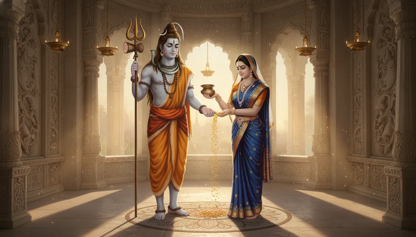 Goddess Parvati offering grains to Lord Shiva inside a traditional palace setting.