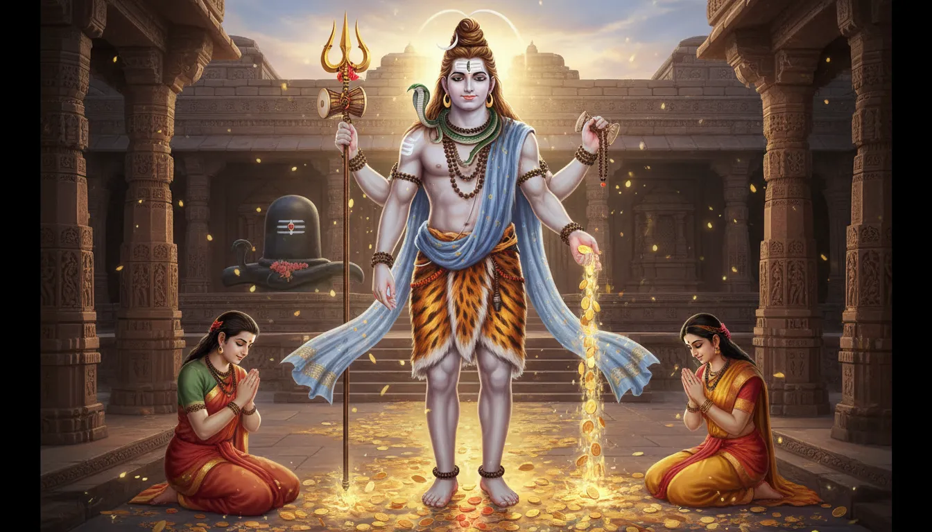 Spiritual artwork of Lord Shiva blessing devotees with divine grace and sacred ornaments.