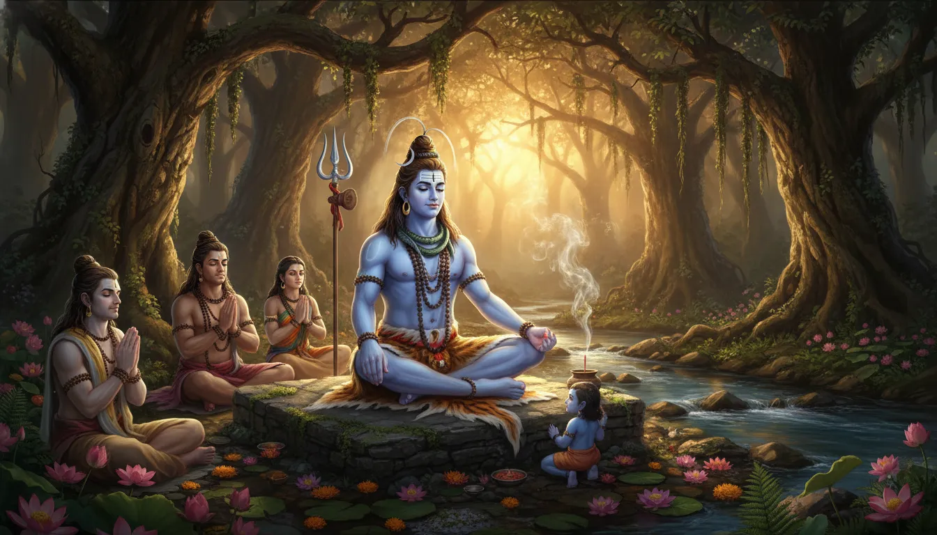A divine Shiva figure seated on a rock in a glowing forest, surrounded by devotees, flowers, and a small blue child figure near his feet.