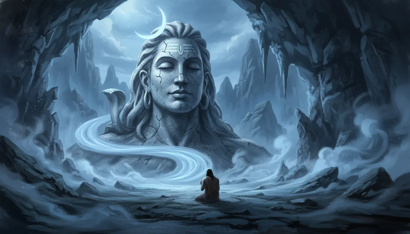 Mystical cave scene featuring a giant face of Lord Shiva with a standing devotee in front beneath a crescent moon.
