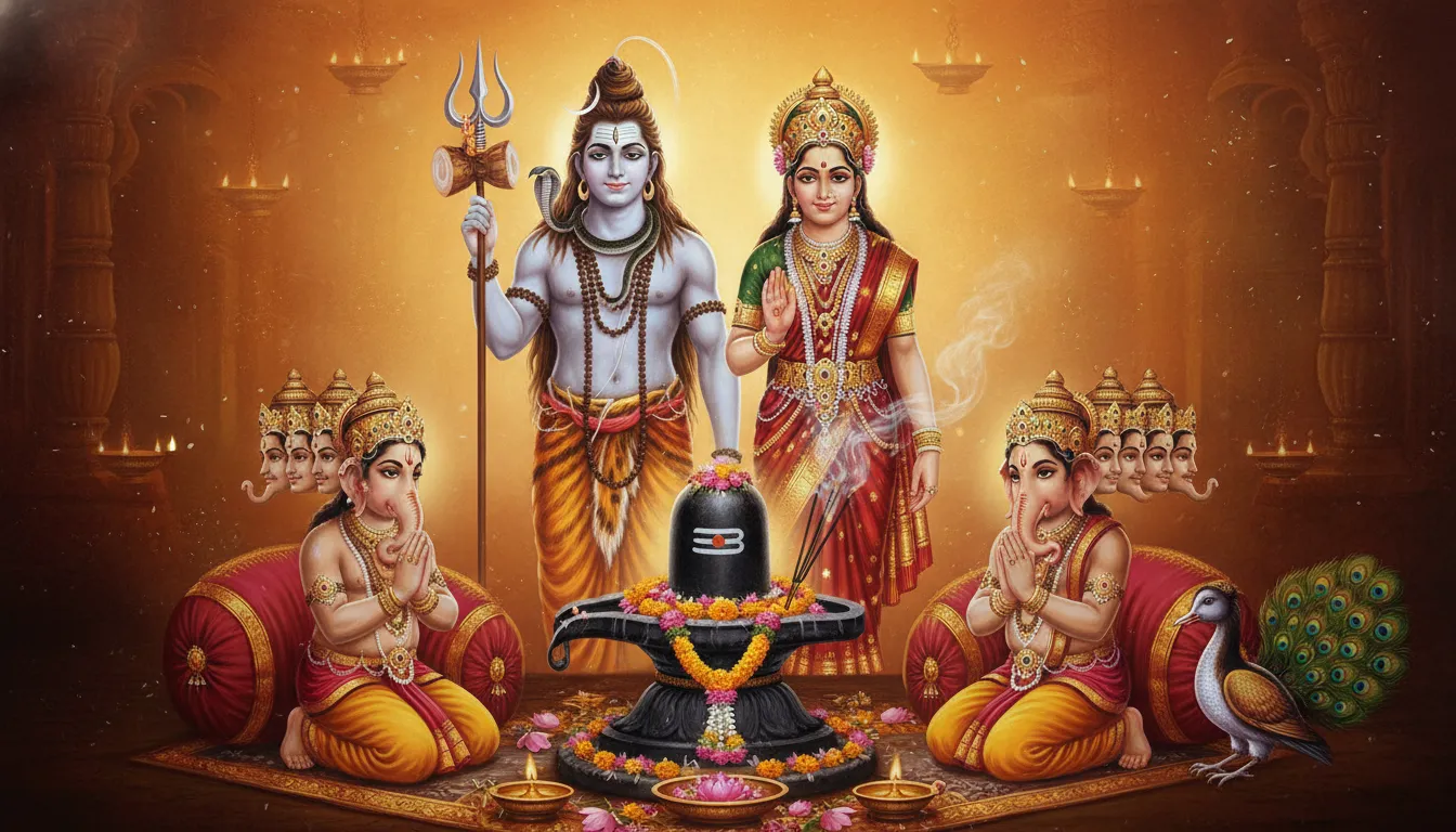 Illustration of Lord Shiva, Goddess Parvati, Lord Ganesha, and Kartikeya gathered around a sacred Shiva Lingam with devotional poses.
