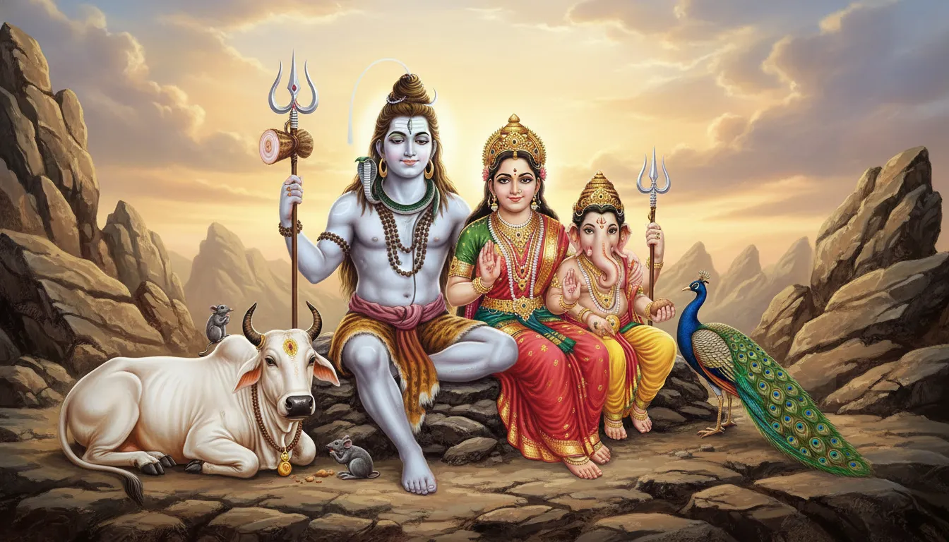 Lord Shiva sitting with Goddess Parvati, Ganesha, and Kartikeya in a divine family portrait with Nandi nearby.