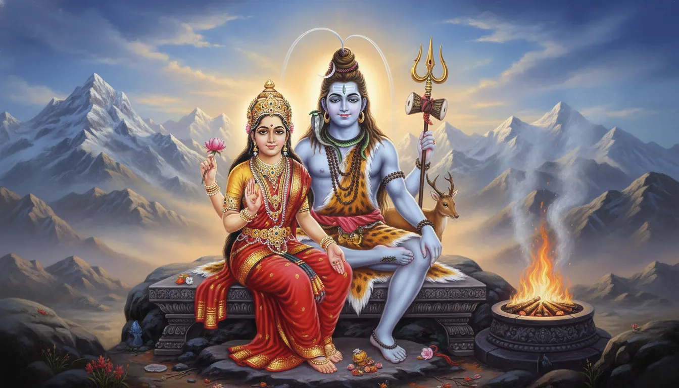 Lord Shiva holding trishul with Parvati sitting beside him on Mount Kailash