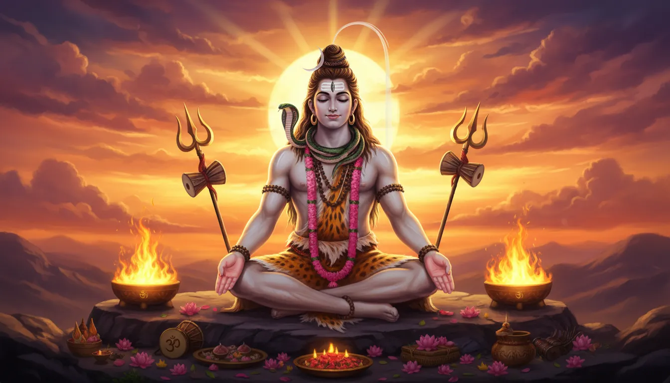 Lord Shiva meditating peacefully during sunset with glowing skies and sacred fire bowls nearby.