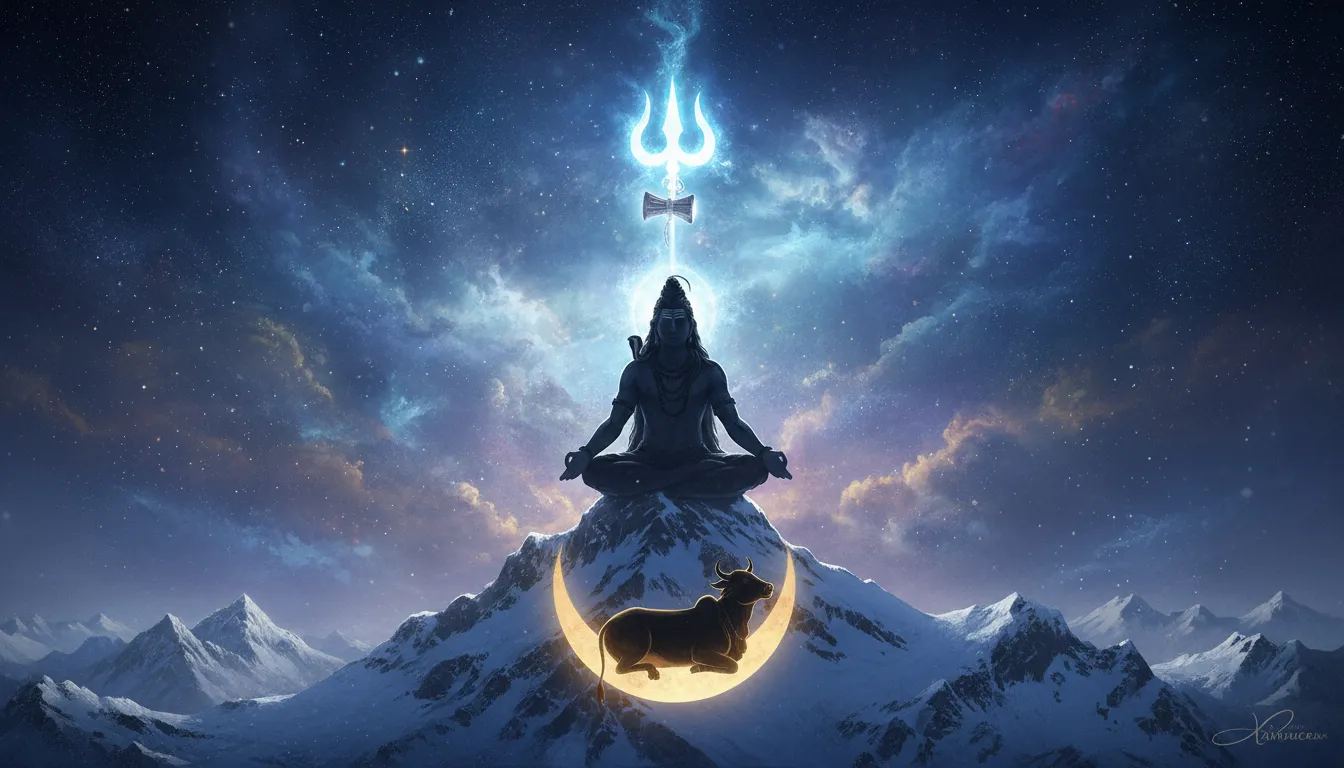 A minimalist silhouette of Lord Shiva meditating on a mountain peak with a glowing golden Trishula and cosmic elements.