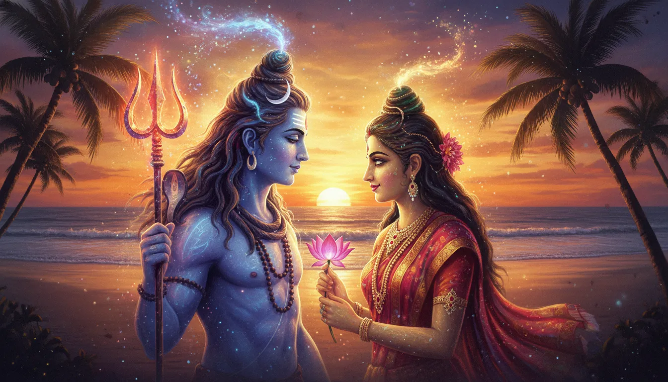 Devotional illustration of Lord Shiva and Goddess Parvati looking at each other during sunset.
