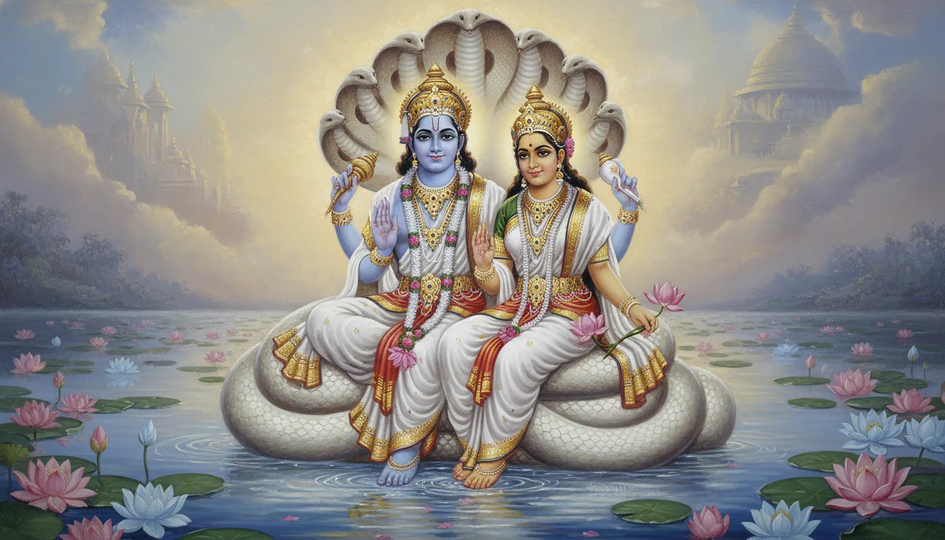 Lord Vishnu and Goddess Lakshmi seated on a white multi-headed serpent above lotus flowers.