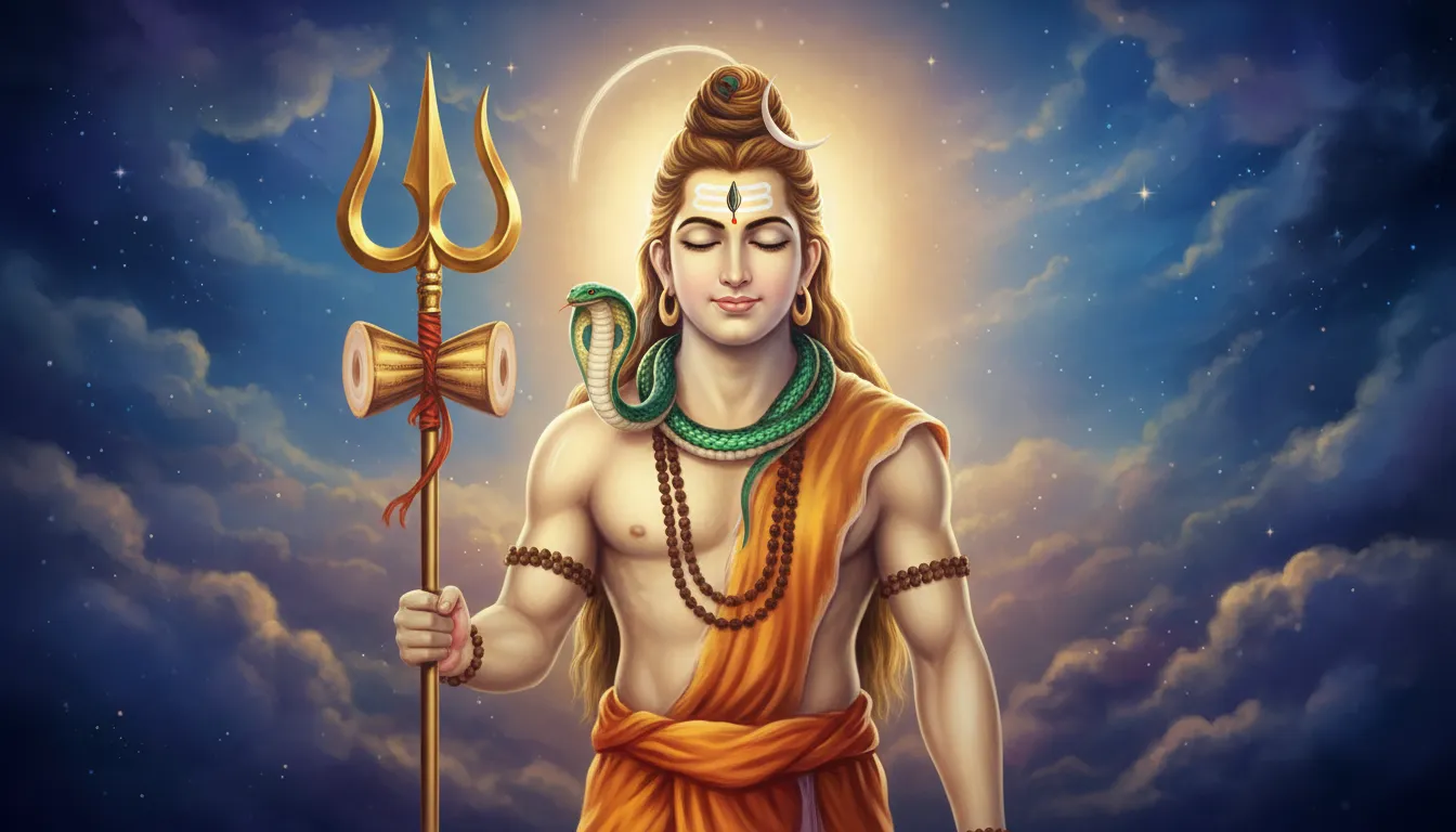 Stylized portrait of Lord Shiva with a snake around his neck, crescent moon, and golden trident.