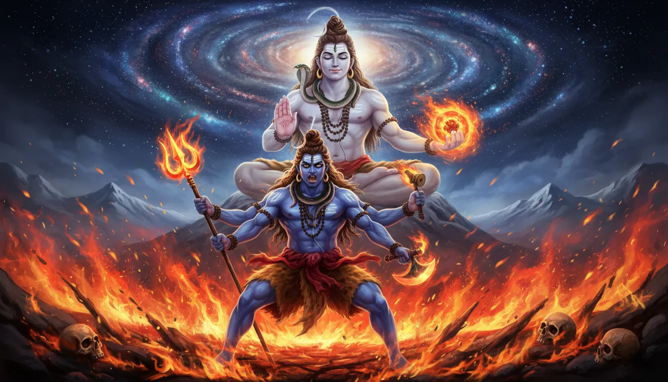 A multi-layered digital art showing a calm Lord Shiva in the background and a fierce warrior form in the foreground with flames.