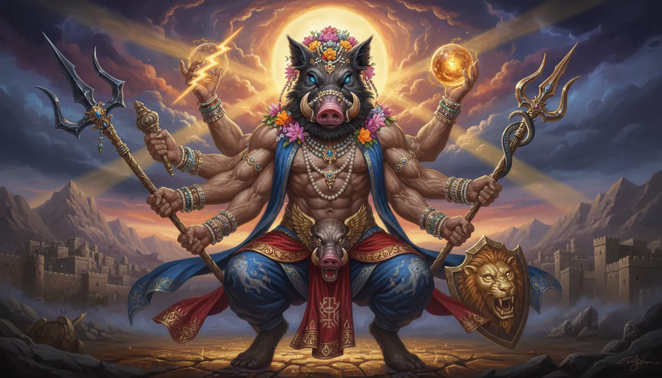 Mythological boar-faced deity with multiple arms holding sacred weapons and ornaments in a dramatic sky setting.