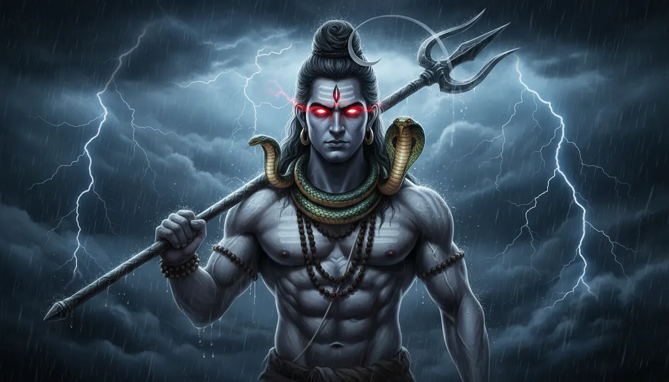 Intense portrait of Lord Shiva with glowing eyes, trident, and stormy lightning background.