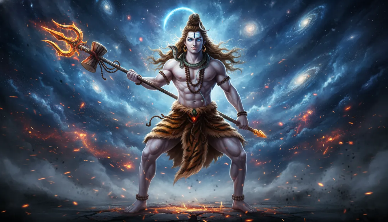 A powerful and muscular depiction of Lord Shiva as Rudra holding a Trishul amidst fire and smoke.