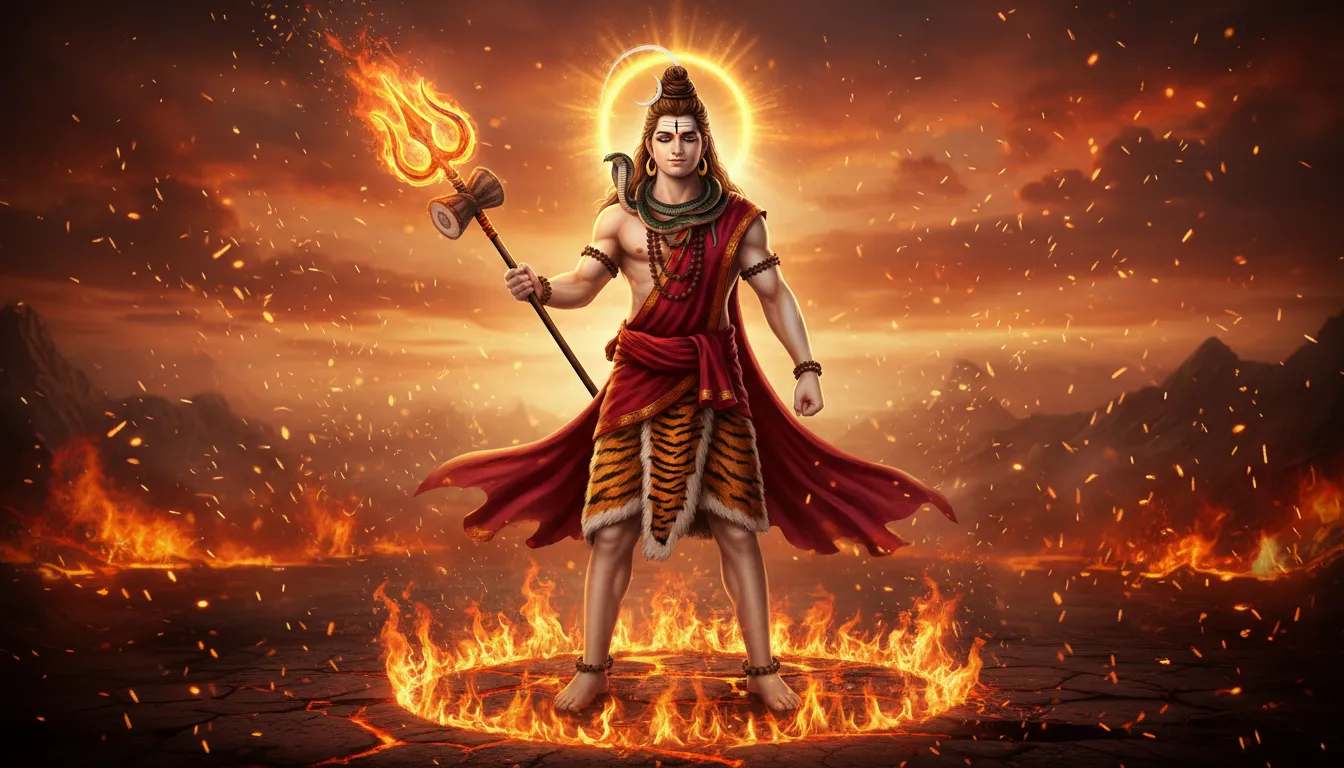 Lord Shiva standing with a flaming trident, tiger-skin outfit, red flowing cloth, and bright golden circular light behind him.